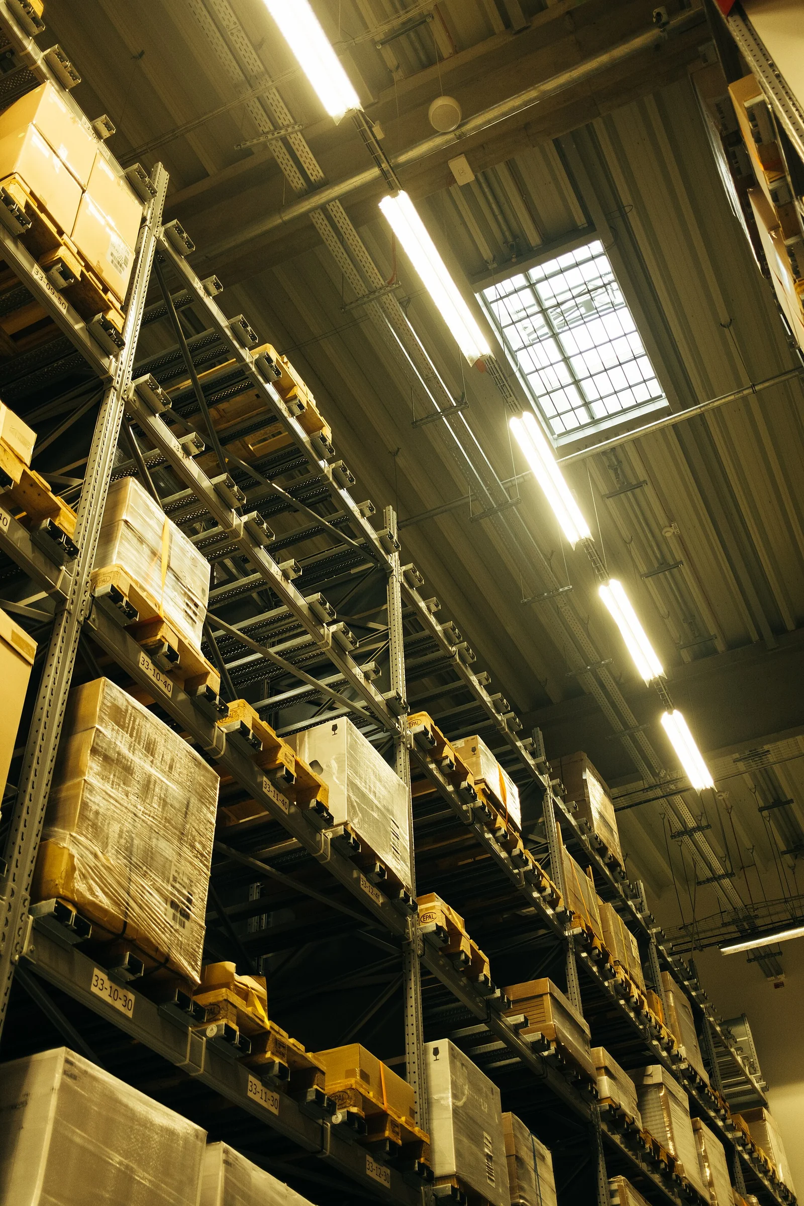 Storage racks and packaged goods inside a warehouse